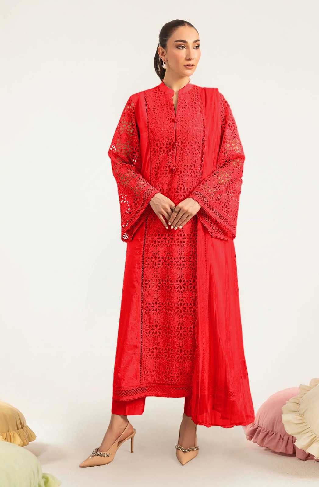 Zarmeen Emaan Fancy Embroidered Shirt Front Back Sleeves Daman Patch Handmade Neckline With Premium Viscose Trouser And Pure Bamber Chiffon Dupatta