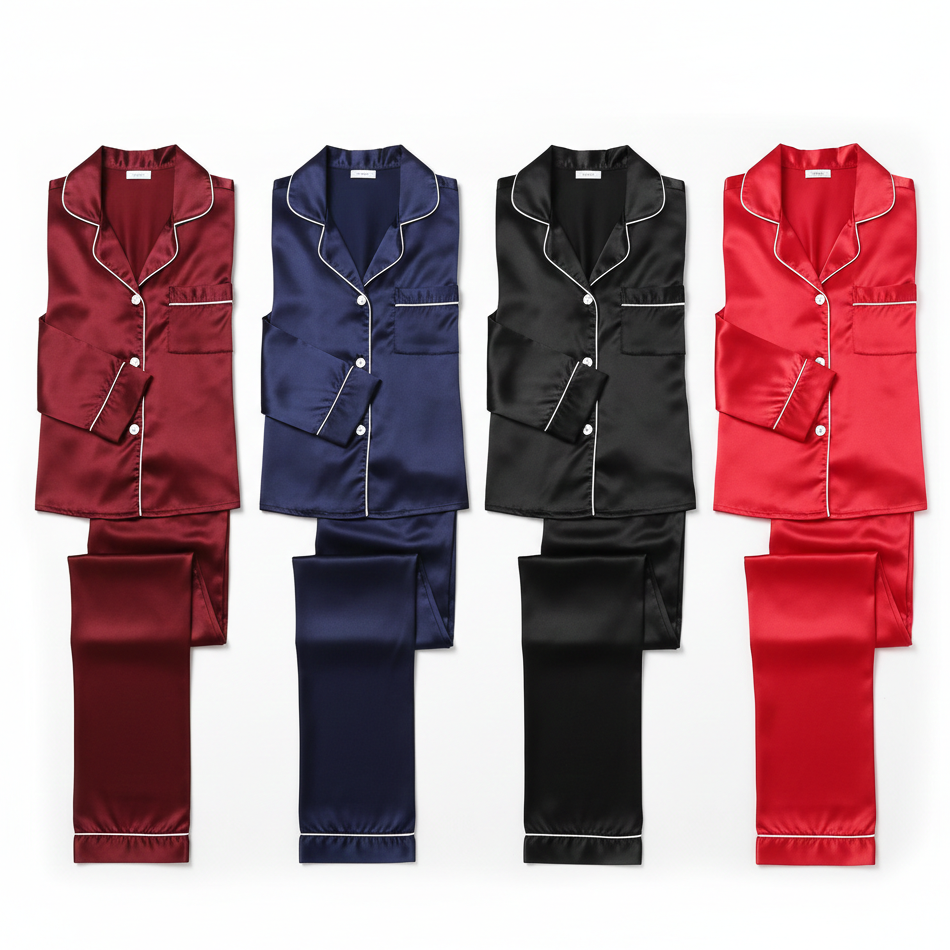Classic Couple Night Suit Silk Satin Pajama Set – Long Sleeve Top & Full-Length Pants (4 Pcs) | DC-C007