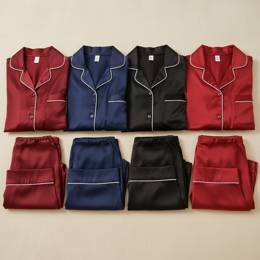 Classic Couple Night Suit Silk Satin Pajama Set – Long Sleeve Top & Full-Length Pants (4 Pcs) | DC-C007