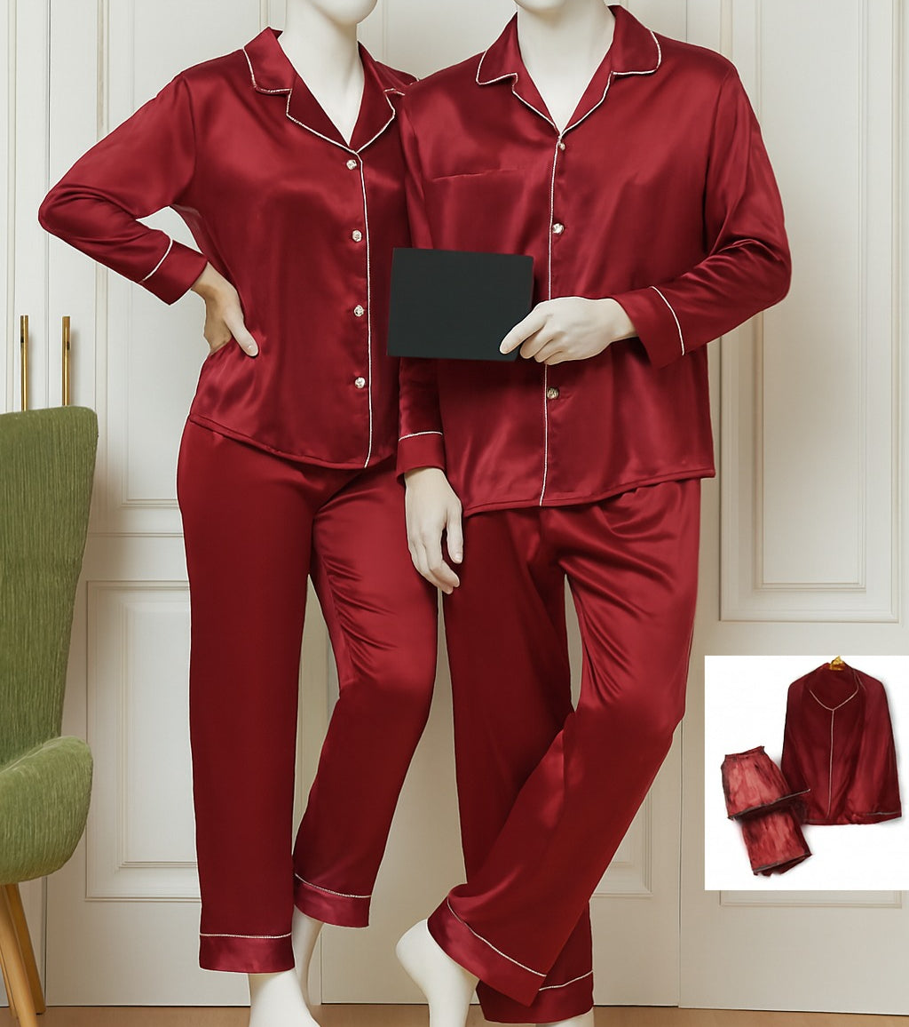 Classic Couple Night Suit Silk Satin Pajama Set – Long Sleeve Top & Full-Length Pants (4 Pcs) | DC-C007