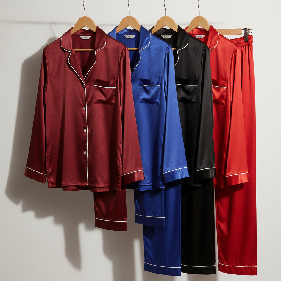Classic Couple Night Suit Silk Satin Pajama Set – Long Sleeve Top & Full-Length Pants (4 Pcs) | DC-C007