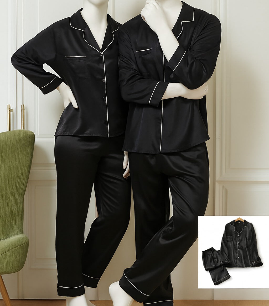 Classic Couple Night Suit Silk Satin Pajama Set – Long Sleeve Top & Full-Length Pants (4 Pcs) | DC-C007
