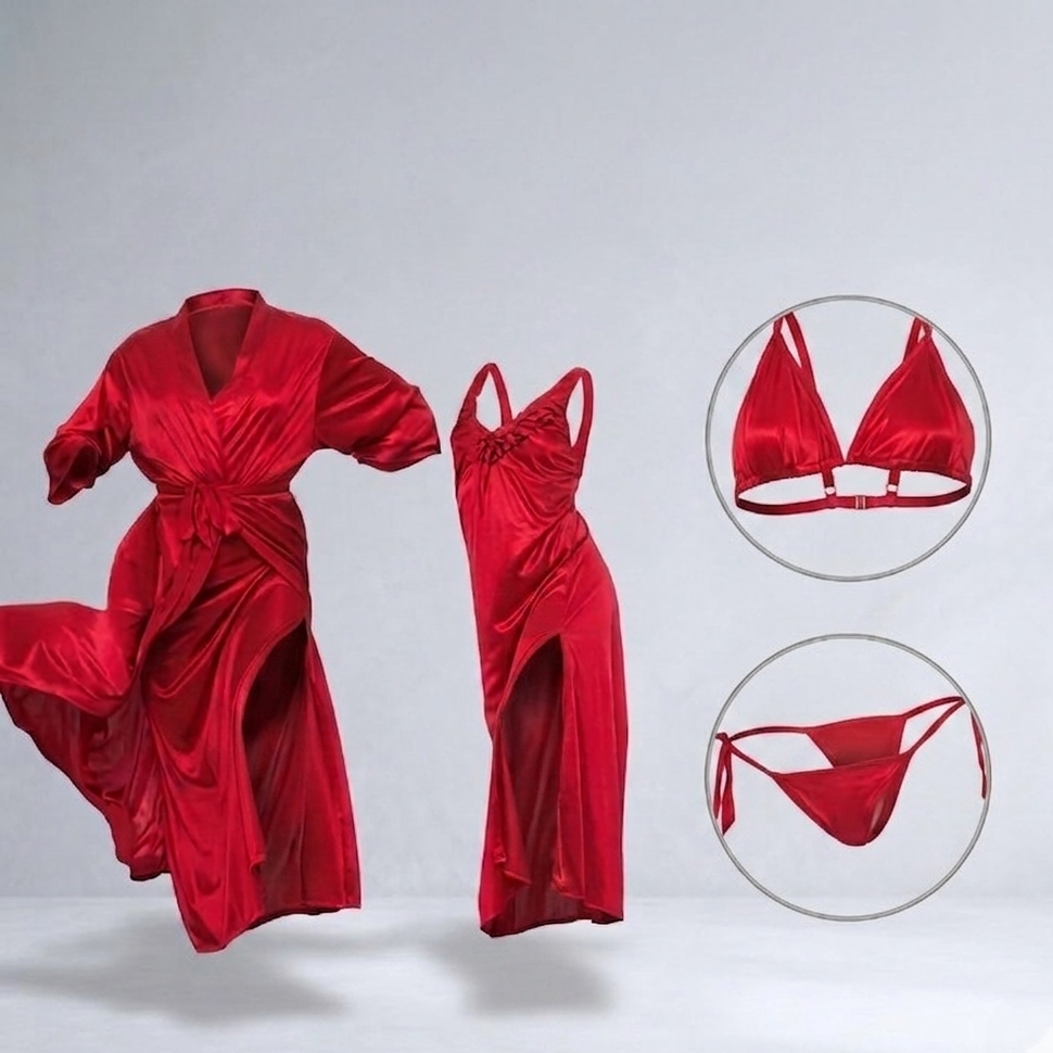 Burgundy Silk Satin 4-Piece Lingerie & Nightwear Set for Women – Luxury Soft Satin Sleepwear, Free Size Sku R005B