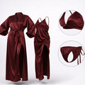 Burgundy Silk Satin 4-Piece Lingerie & Nightwear Set for Women – Luxury Soft Satin Sleepwear, Free Size Sku R005B