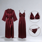 Burgundy Silk Satin 4-Piece Lingerie & Nightwear Set for Women – Luxury Soft Satin Sleepwear, Free Size Sku R005B