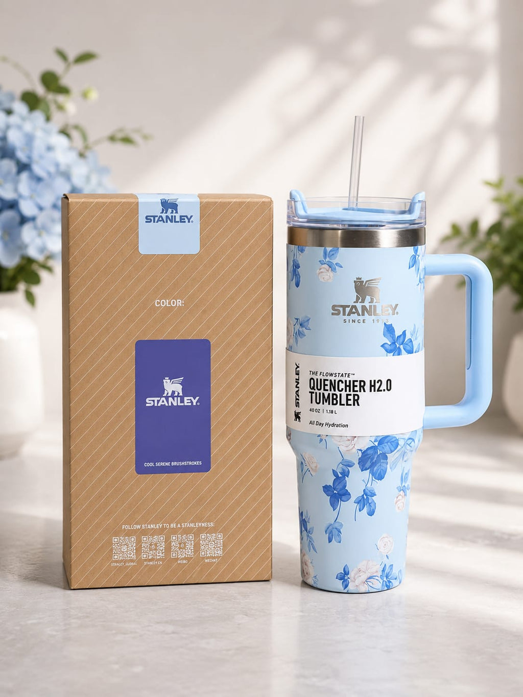 Stanley 40oz Printed Tumbler With Handle And Straw - Premium Stainless Steel Insulated Travel Mug For Hot And Cold Drinks With Leak-Resistant Lid - Blue Floral