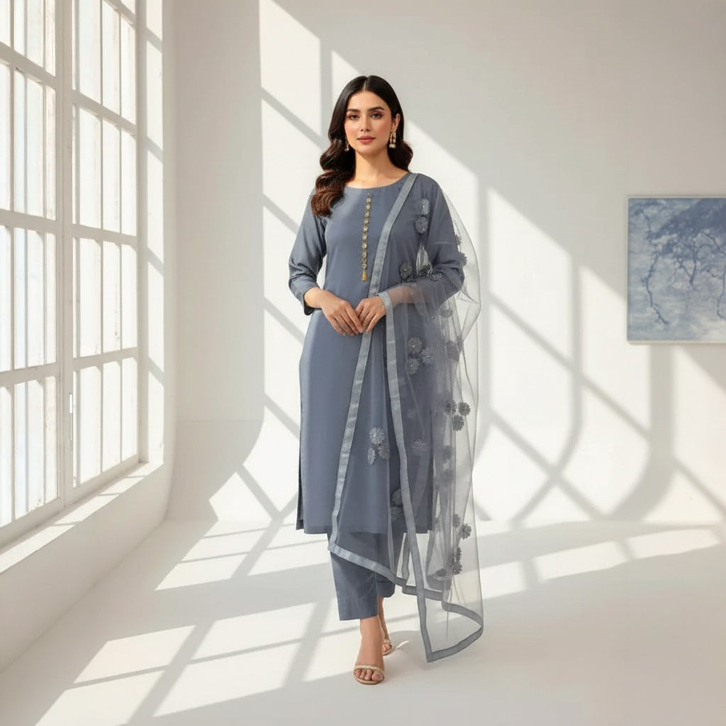Premium Katan Silk Unstitched 3 Piece Suit With Net Dupatta For Women - Grey