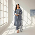Premium Katan Silk Unstitched 3 Piece Suit With Net Dupatta For Women - Grey