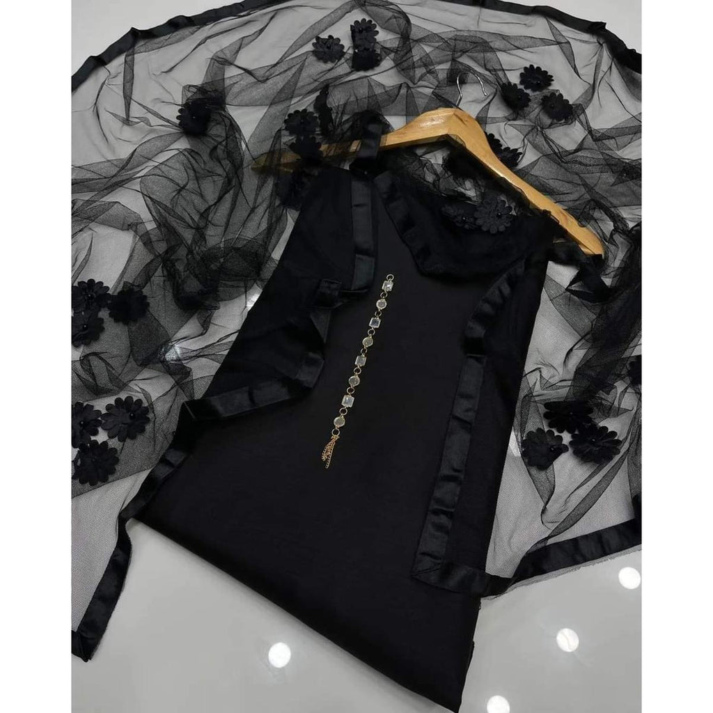 Premium Katan Silk Unstitched 3 Piece Suit With Net Dupatta For Women - Grey