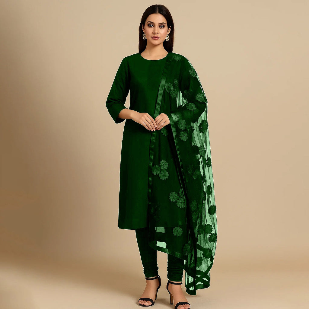 Premium Katan Silk Unstitched 3 Piece Suit With Net Dupatta For Women - Grey