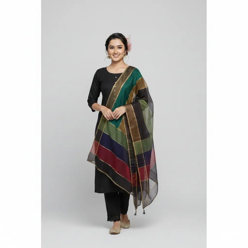Premium Katan Silk Unstitched 3 Piece Suit With Organza Dupatta For Women - Black