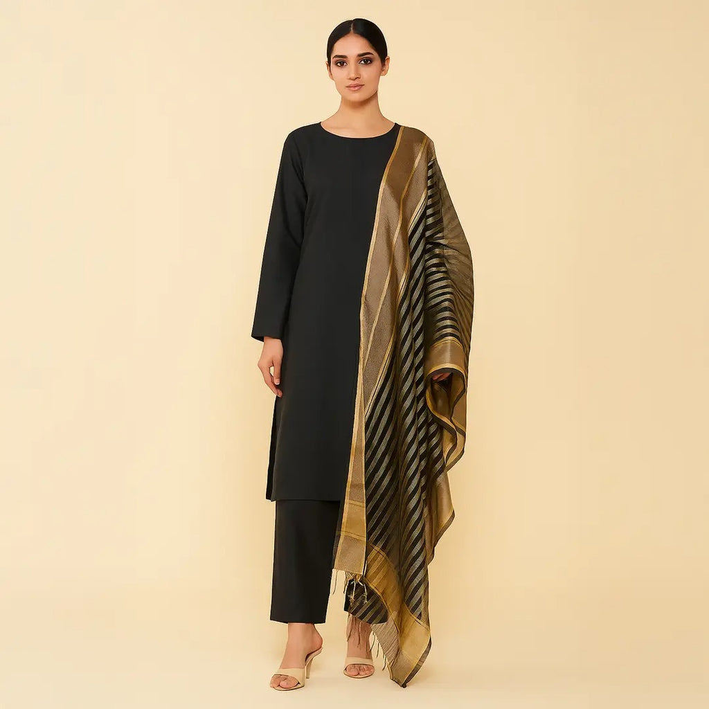 Premium Katan Silk Unstitched 3 Piece Suit With Organza Dupatta For Women - Black