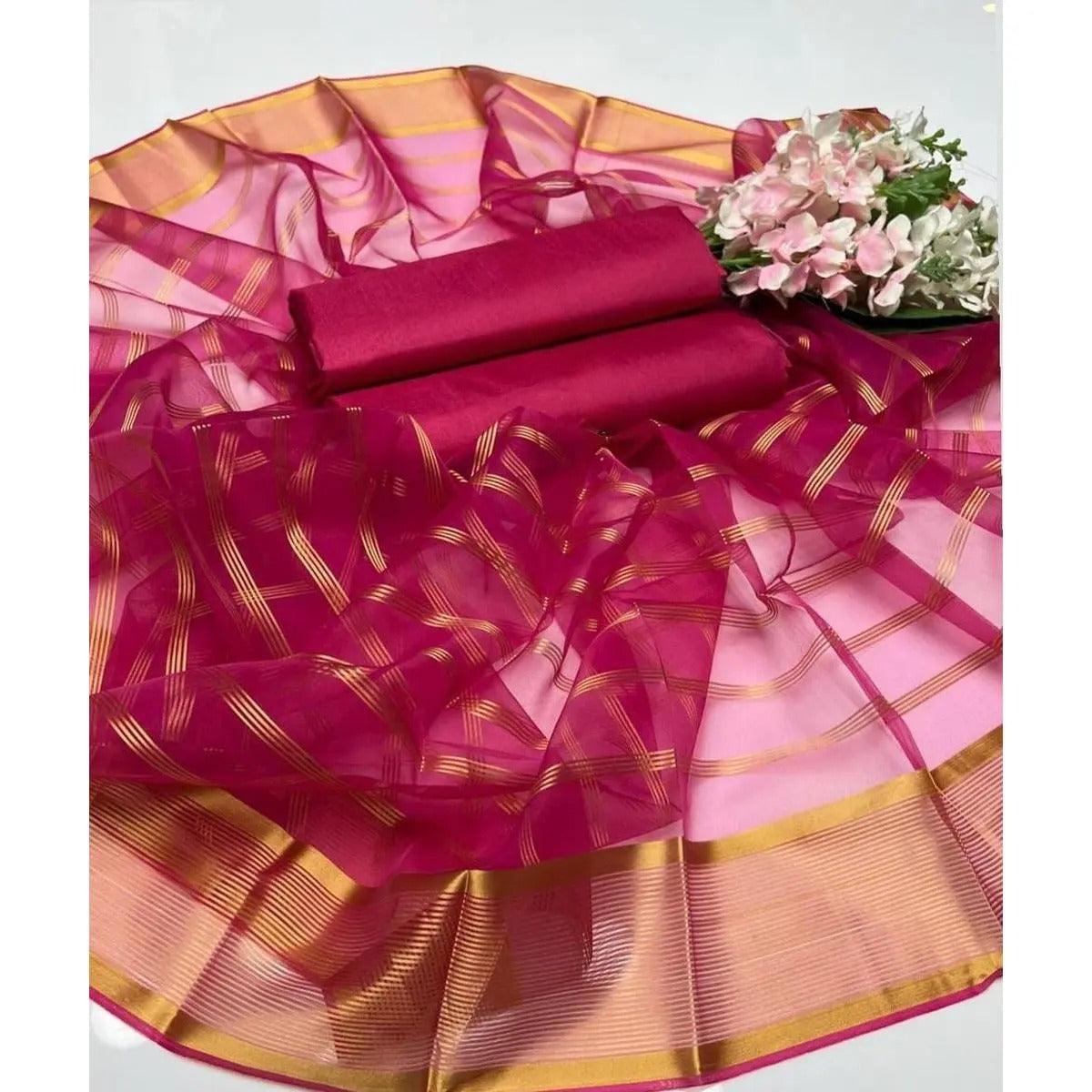 Premium Katan Silk Unstitched 3 Piece Suit With Organza Dupatta For Women - Black
