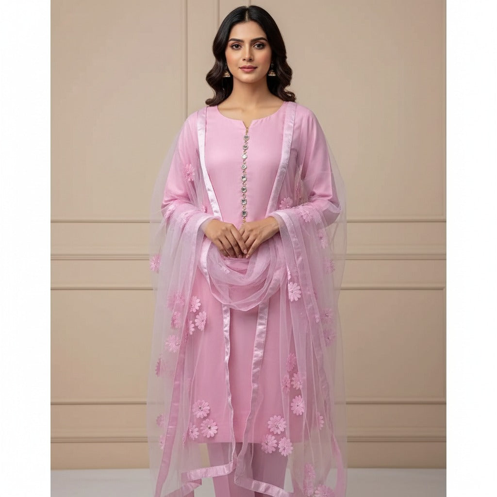 Premium Katan Silk Unstitched 3 Piece Suit With Net Dupatta For Women - Grey