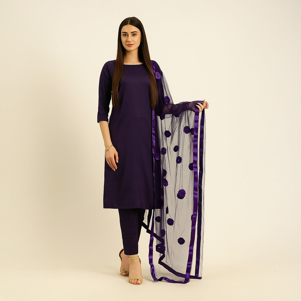 Premium Katan Silk Unstitched 3 Piece Suit With Net Dupatta For Women - Grey