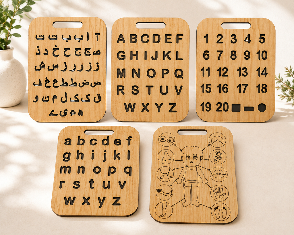 Educational Wooden Tracing Board Set 5 Pcs – Urdu, English, Numbers & Body Parts Learning Boards