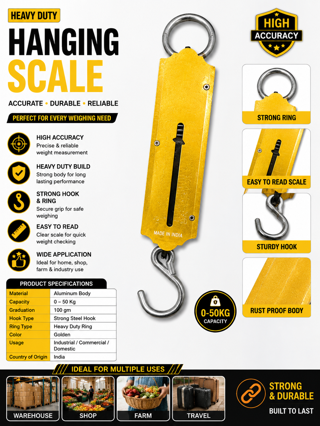Heavy Duty Mechanical Hanging Scale (50kg Capacity) – Aluminum Body with Steel Hook