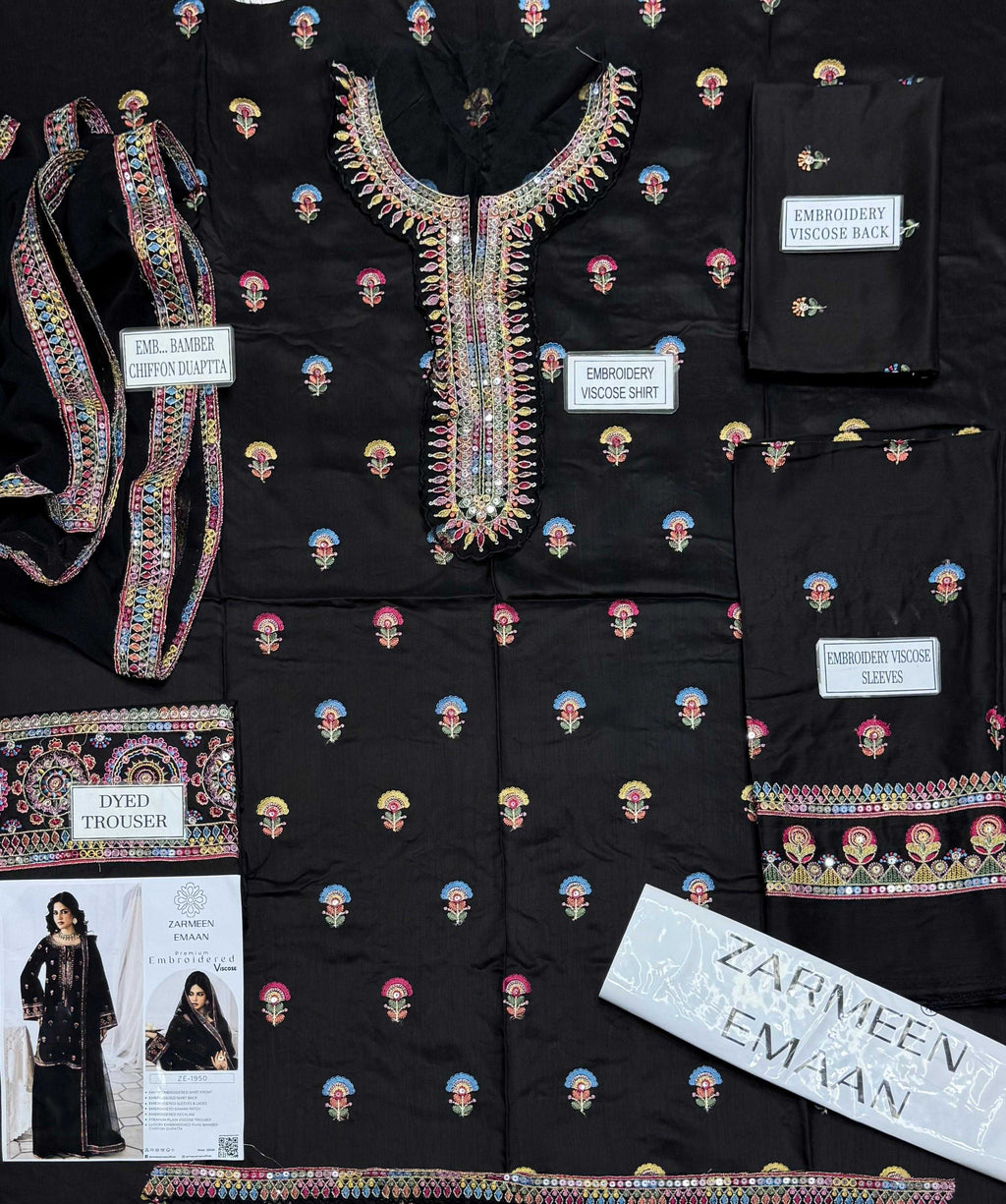 Zarmeen Emaan Artical-950 Fancy Embroidered Shirt Front Back Sleeves Laces Daman Patch Neckline With Premium Viscose Trouser And Pure Bamber Chiffon Dupatta