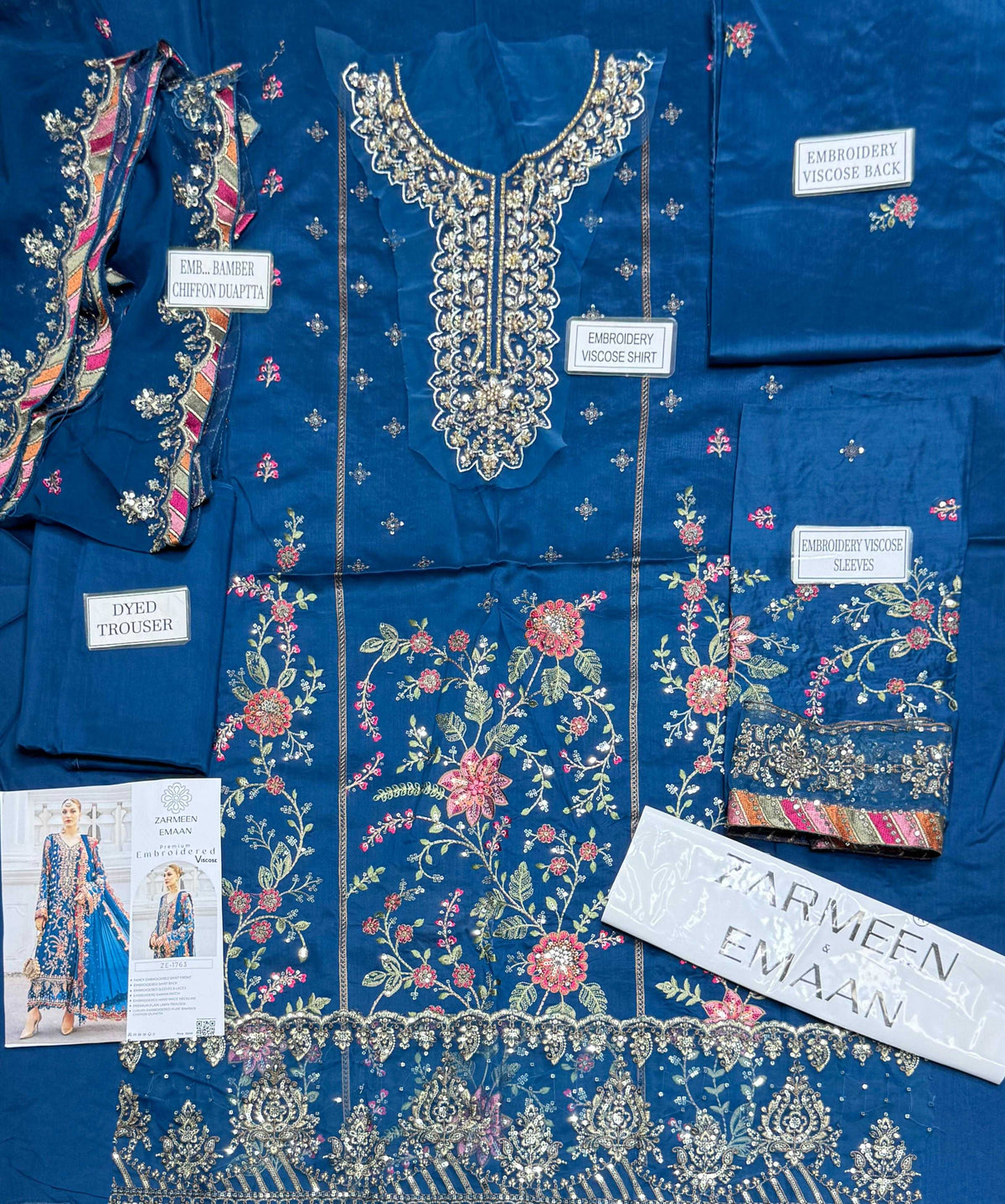 Zarmeen Emaan Fancy Embroidered Shirt Front Back Sleeves Laces Daman Patch Handmade Neckline With viscos Trouser And Pure Bamber Chiffon Dupatta