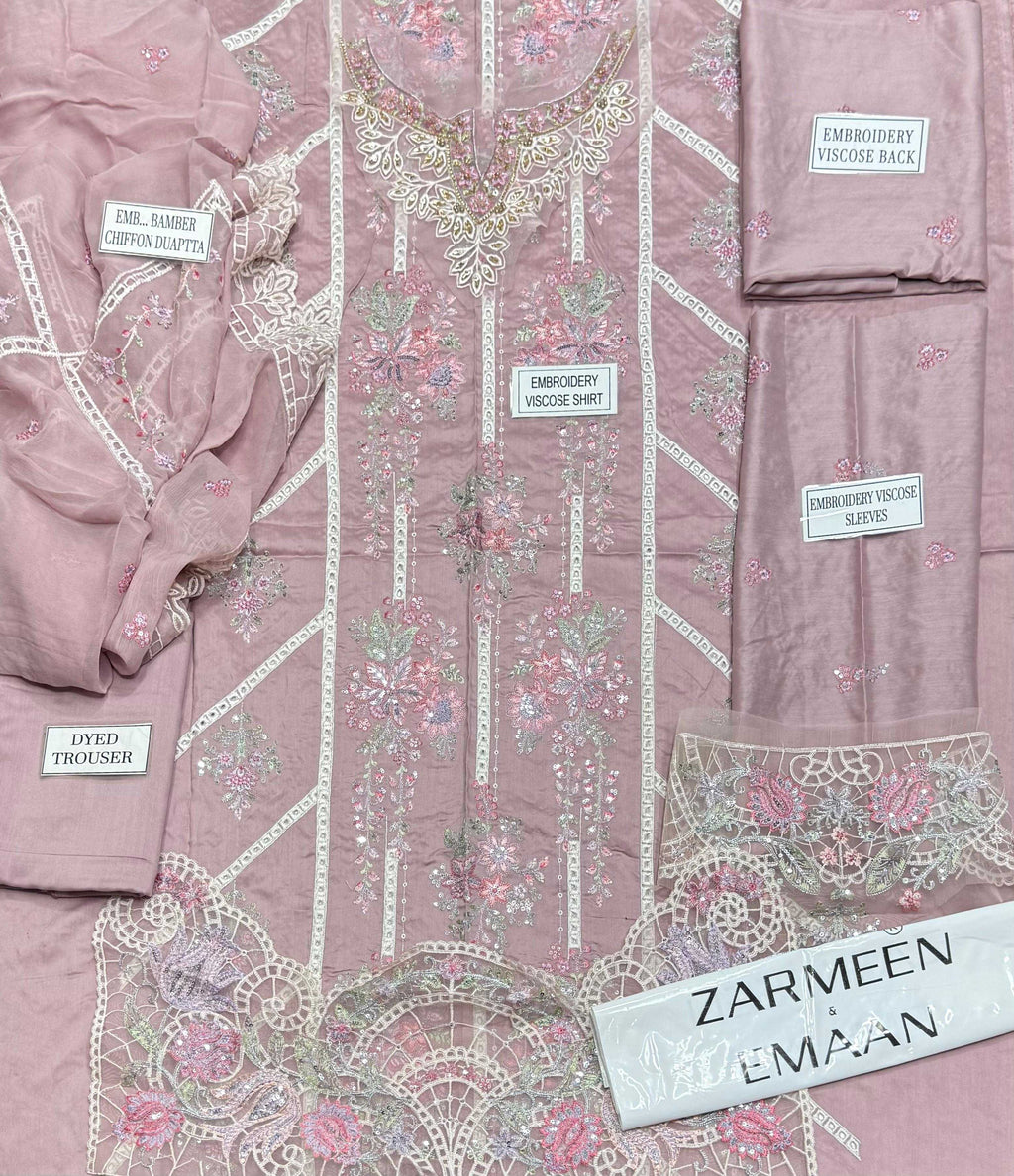 Zarmeen Emaan Article 1776 Luxury Embroidered Shirt Front Back Sleeves Neckline Daman Patch Premium Viscose Trouser Pure Bamber Chiffon Dupatta