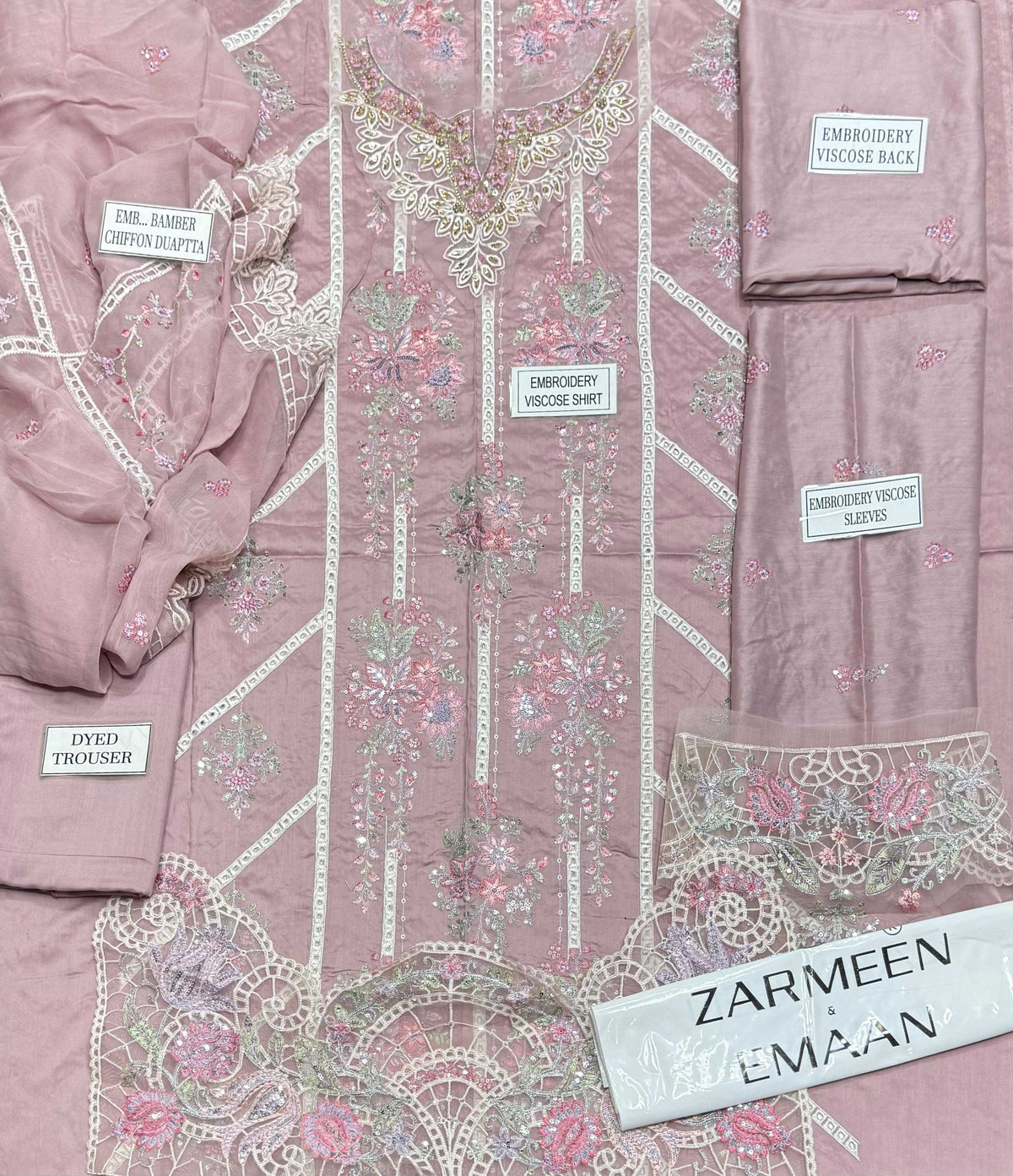 Zarmeen Emaan Article 1776 Luxury Embroidered Shirt Front Back Sleeves Neckline Daman Patch Premium Viscose Trouser Pure Bamber Chiffon Dupatta