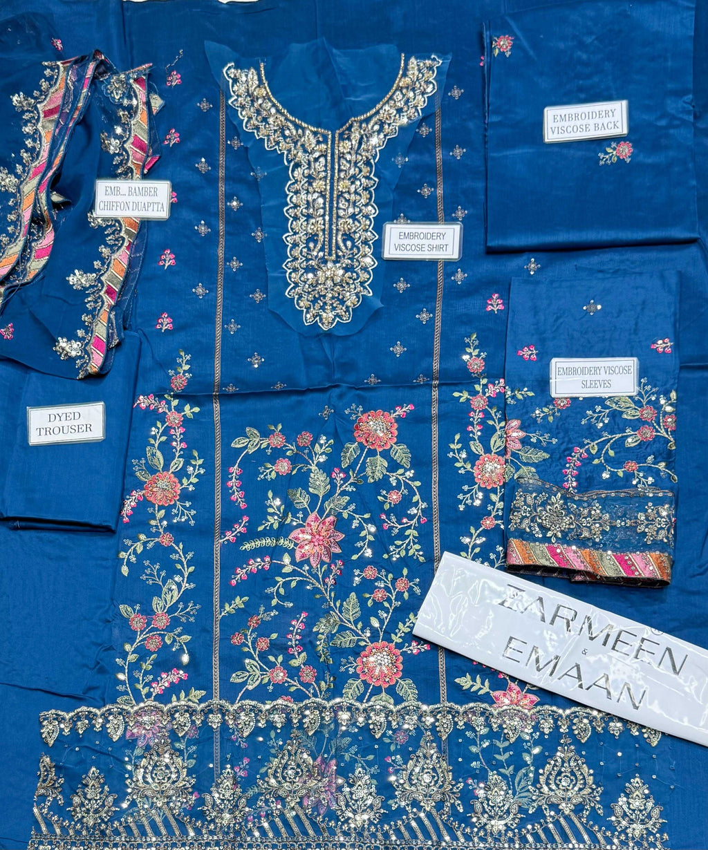 Zarmeen Emaan Fancy Embroidered Shirt Front Back Sleeves Laces Daman Patch Handmade Neckline With viscos Trouser And Pure Bamber Chiffon Dupatta