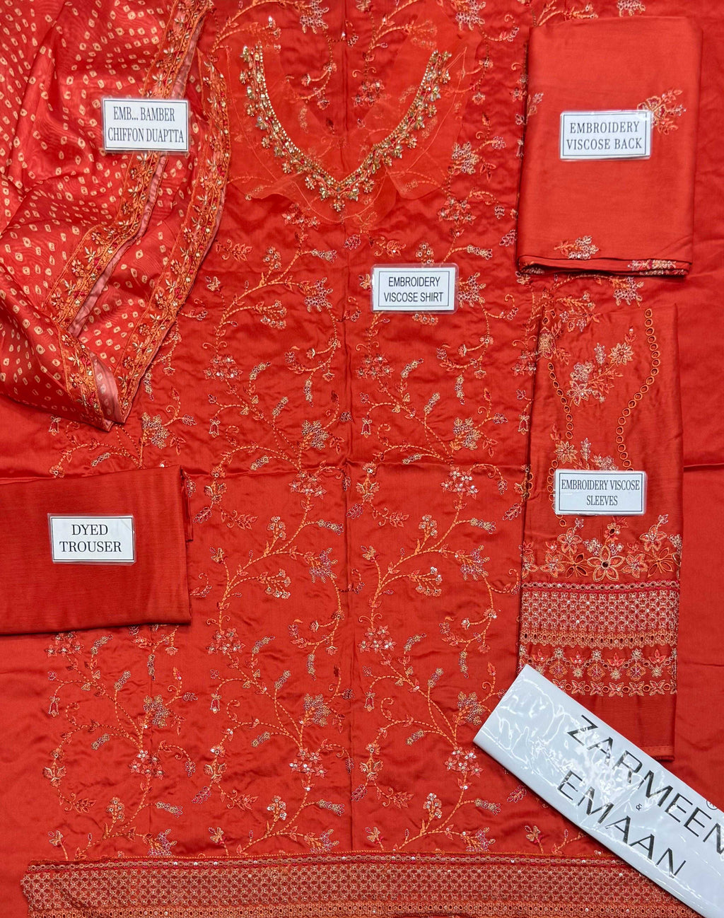 Zarmeen Emaan Fancy Embroidered Shirt Front Back Sleeves Daman Patch Neckline With Premium Viscose Trouser And Printed Embroidered Dupatta
