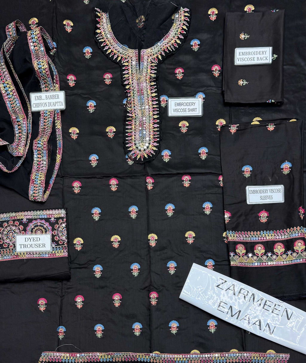 Zarmeen Emaan Artical-950 Fancy Embroidered Shirt Front Back Sleeves Laces Daman Patch Neckline With Premium Viscose Trouser And Pure Bamber Chiffon Dupatta