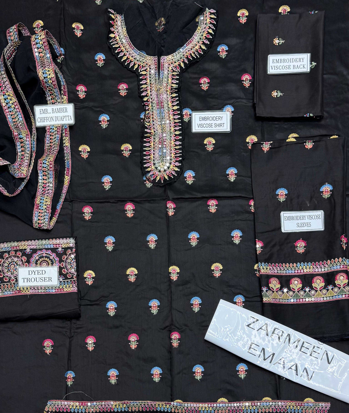 Zarmeen Emaan Artical-950 Fancy Embroidered Shirt Front Back Sleeves Laces Daman Patch Neckline With Premium Viscose Trouser And Pure Bamber Chiffon Dupatta