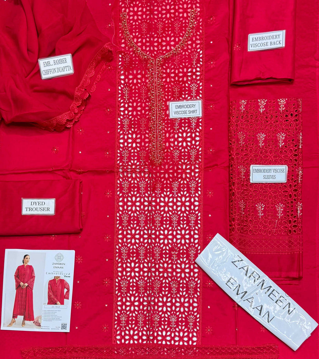 Zarmeen Emaan Fancy Embroidered Shirt Front Back Sleeves Daman Patch Handmade Neckline With Premium Viscose Trouser And Pure Bamber Chiffon Dupatta