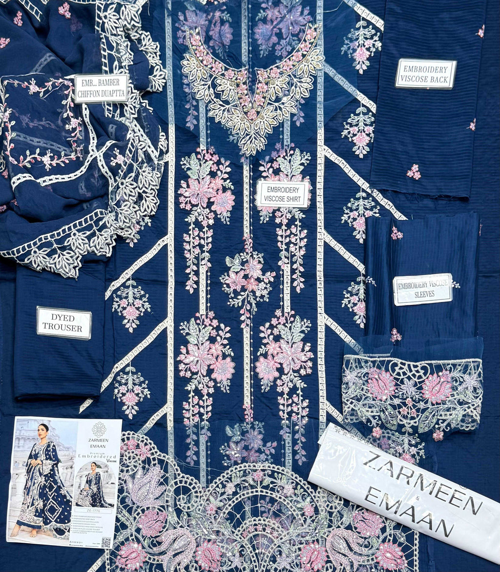 Zarmeen Emaan Luxury Embroidered Shirt Front Back Sleeves Laces Neckline Daman Patch Premium Viscose Trouser Pure Bamber Dupatta