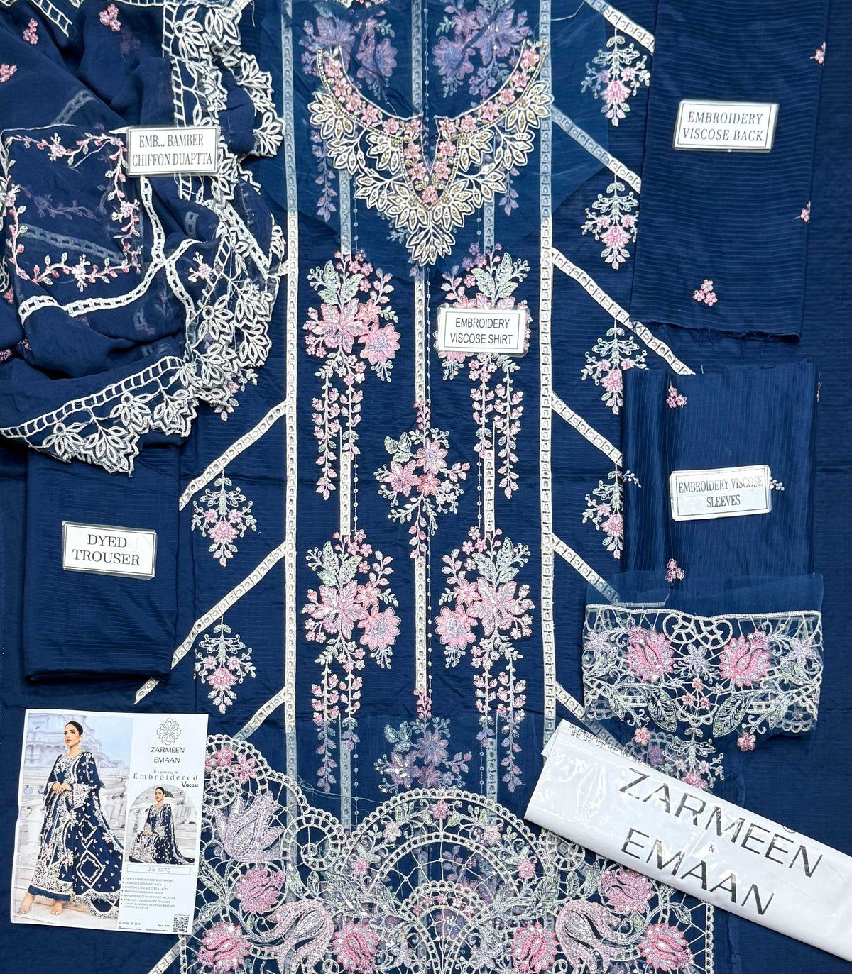 Zarmeen Emaan Luxury Embroidered Shirt Front Back Sleeves Laces Neckline Daman Patch Premium Viscose Trouser Pure Bamber Dupatta