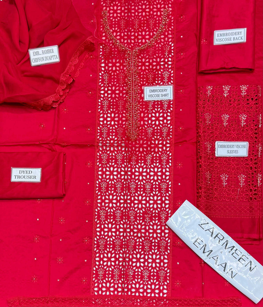 Zarmeen Emaan Fancy Embroidered Shirt Front Back Sleeves Daman Patch Handmade Neckline With Premium Viscose Trouser And Pure Bamber Chiffon Dupatta