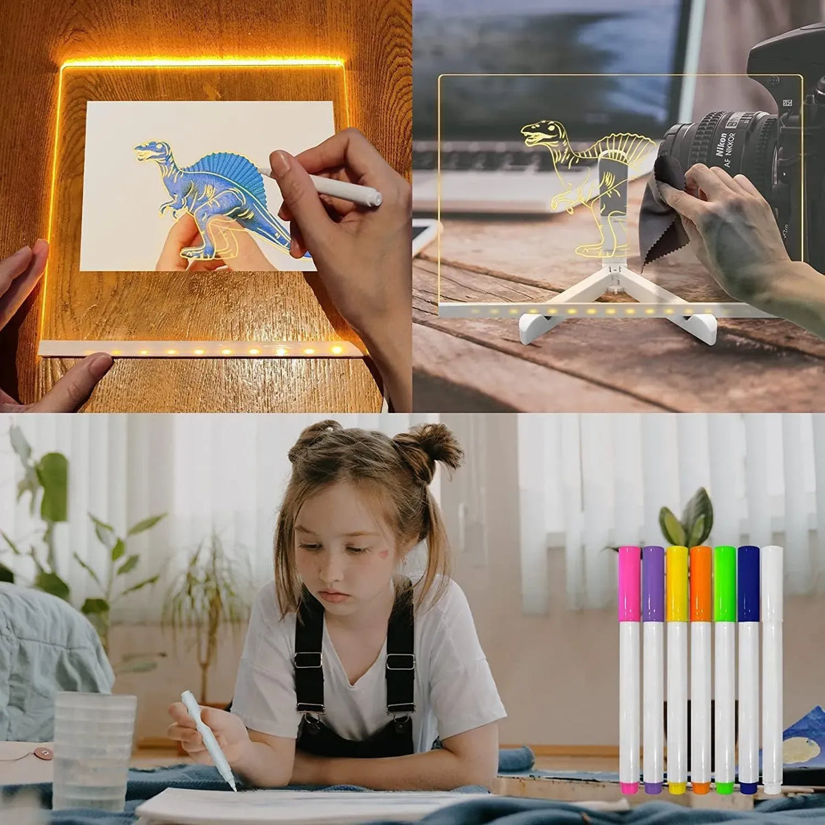 LED Light-up Acrylic Dry Erase Board with Markers | Colorful DIY Notes & Erasable Neon Pens 15x15 Cm