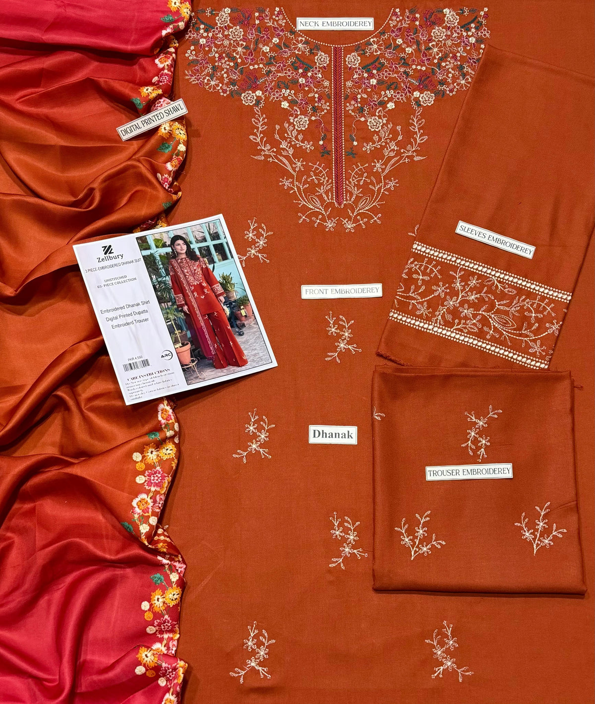 Zellbury 3-Piece Embroidered Dhanak Suit - Apparel Accessory Designed For Fashion Styling And Daily Wardrobe Routine