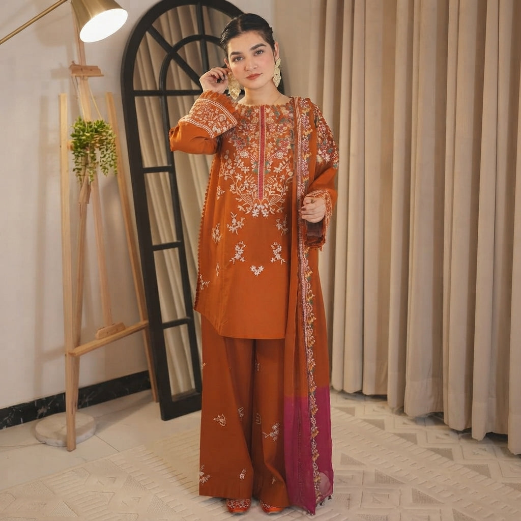 Zellbury 3-Piece Embroidered Dhanak Suit - Apparel Accessory Designed For Fashion Styling And Daily Wardrobe Routine