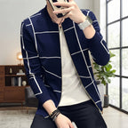 Men's Grid Pattern Casual Jacket Stylish Grid Pattern Outerwear For Men Modern Casual Jacket - L, Navy Blue