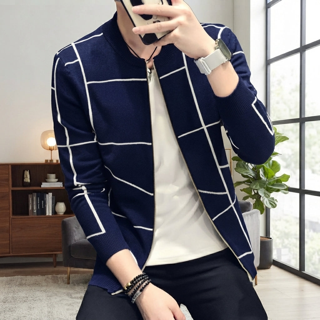 Men's Grid Pattern Casual Jacket Stylish Grid Pattern Outerwear For Men Modern Casual Jacket - L, Navy Blue