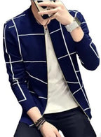 Men's Grid Pattern Casual Jacket Stylish Grid Pattern Outerwear For Men Modern Casual Jacket - L, Navy Blue