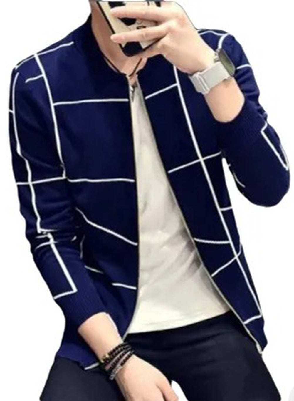 Men's Grid Pattern Casual Jacket Stylish Grid Pattern Outerwear For Men Modern Casual Jacket - L, Navy Blue