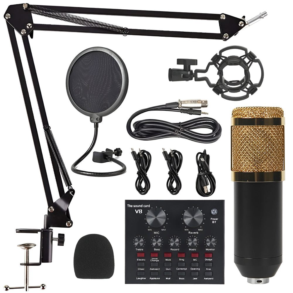 Premium V8 Pro Condenser Microphone Kit With Sound Card Professional Recording Microphone Set With Audio Sound Card For Streaming And Podcasting