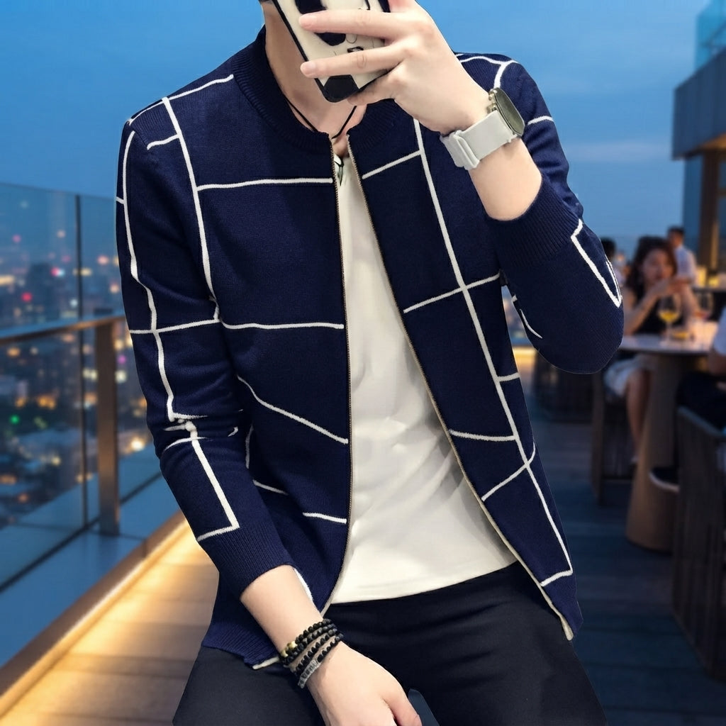 Men's Grid Pattern Casual Jacket Stylish Grid Pattern Outerwear For Men Modern Casual Jacket - L, Navy Blue