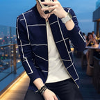 Men's Grid Pattern Casual Jacket Stylish Grid Pattern Outerwear For Men Modern Casual Jacket - L, Navy Blue