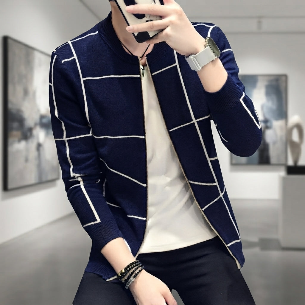 Men's Grid Pattern Casual Jacket Stylish Grid Pattern Outerwear For Men Modern Casual Jacket - L, Navy Blue
