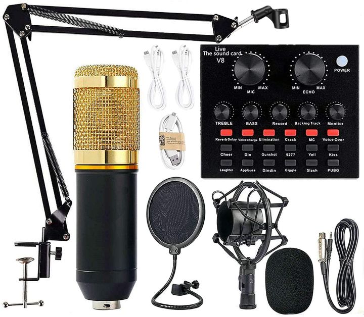 Premium V8 Pro Condenser Microphone Kit With Sound Card Professional Recording Microphone Set With Audio Sound Card For Streaming And Podcasting