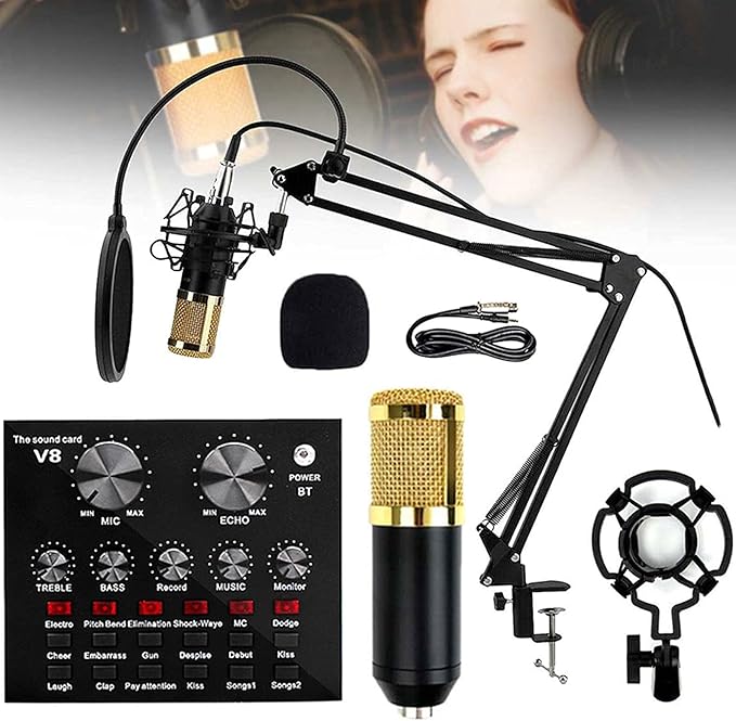 Premium V8 Pro Condenser Microphone Kit With Sound Card Professional Recording Microphone Set With Audio Sound Card For Streaming And Podcasting