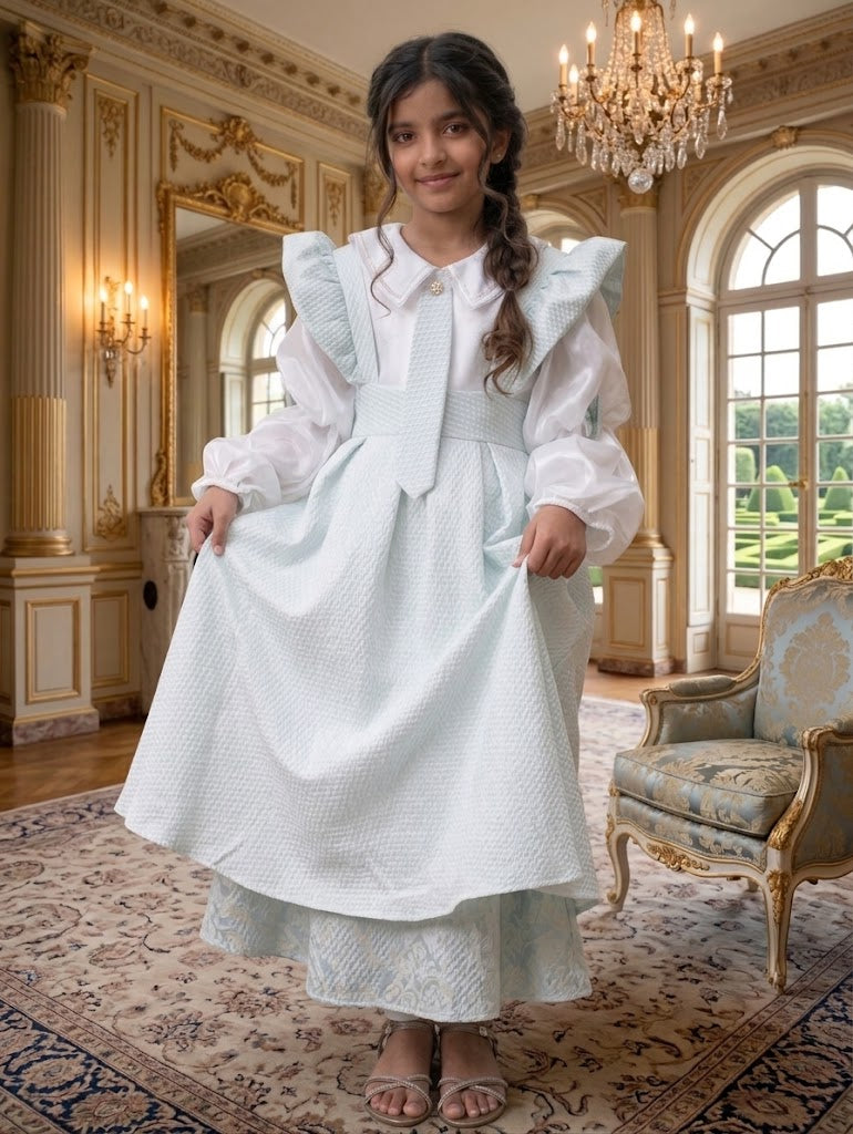 Girls' Mint Green Overall Dress with Long Sleeve Blouse & Plush Bunny Charm