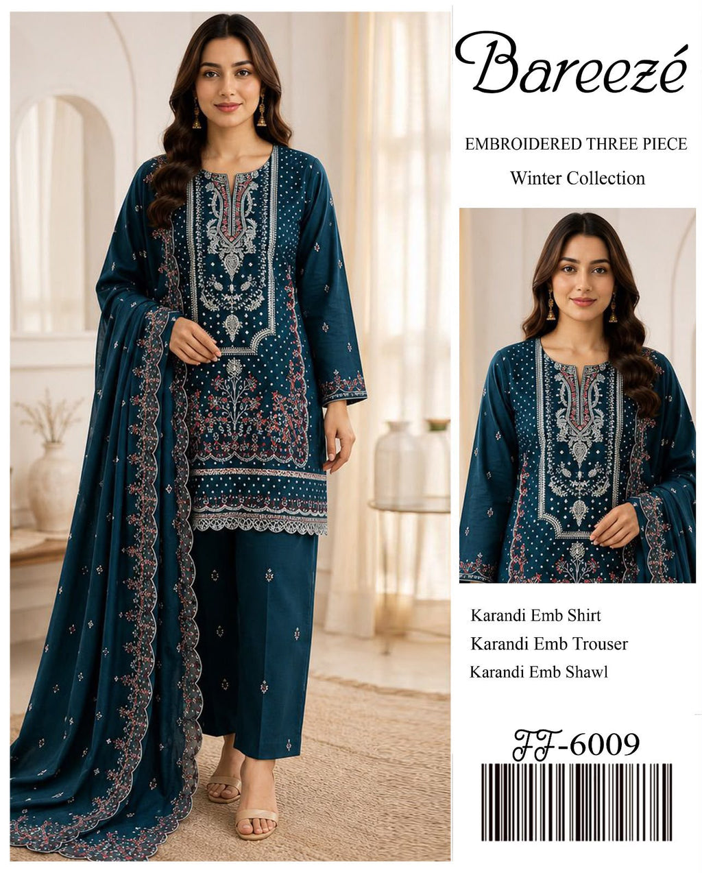 Midnight Teal Front-Sequinned & Embroidered Unstitched Outfit
