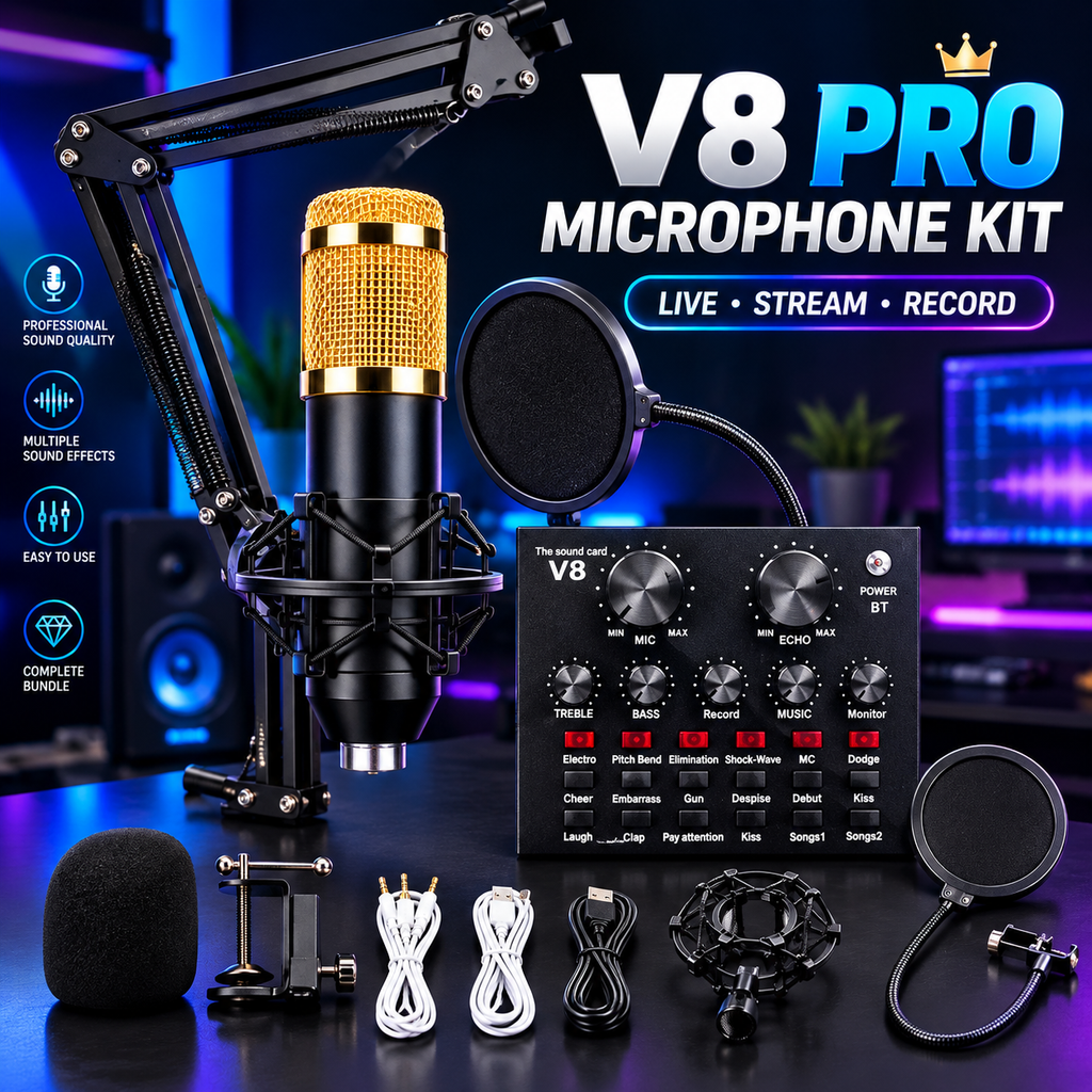 Premium V8 Pro Condenser Microphone Kit With Sound Card Professional Recording Microphone Set With Audio Sound Card For Streaming And Podcasting