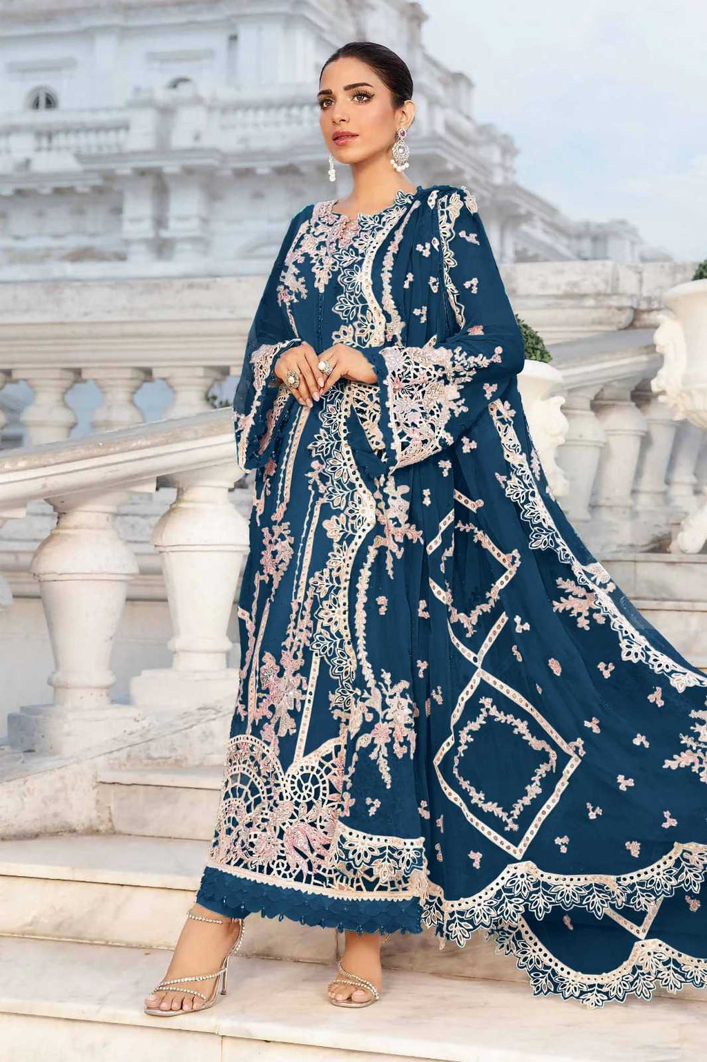 Zarmeen Emaan Luxury Embroidered Shirt Front Back Sleeves Laces Neckline Daman Patch Premium Viscose Trouser Pure Bamber Dupatta